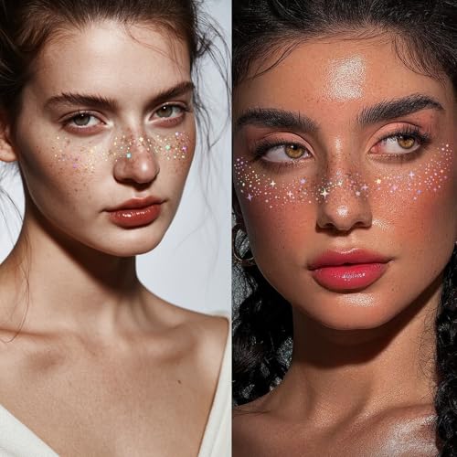 Glitter Freckles, Holographic Face and Body Glitter Tattoo Sparkle for Women Gold Glow Cosmetic Star Makeup Accessories for Festival Rave (Holographic)