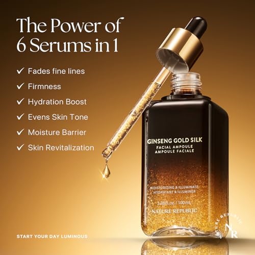 Nature Republic Ginseng Gold Silk Facial Ampoule, Hydrating moisturizer, Niacinamide & Silk Amino Acid, Royal Jelly Extract, Korean Skin Care for all skin types, Holiday Gifts 100 ml / 3.38 Fl. oz.