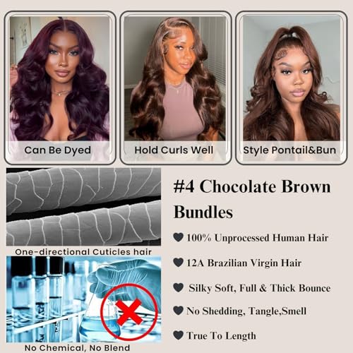 ALHER #4 Chocolate Brown Bundles with 2x6 Long Deep Part Closure 18 20 22+18 IN, Dark Brown Colored 12A 100% Unprocessed Virgin Remy Hair Soft Thick Bundles with Closure