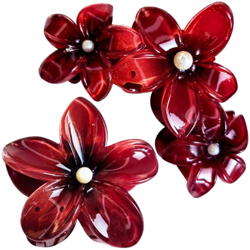 Wine Red Flower claw clips women girls,fancy hawaii flower hair clips,artificial pearls daisy decorative plumeria hair clips for thick or thin hair, Large Medium 2pc beach coquette hair accessories