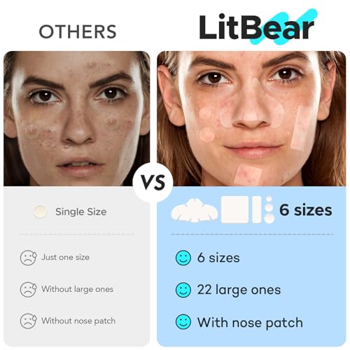 LitBear Large Pimple Patches for Face (6 Sizes 118 Pcs), Big Hydrocolloid Acne Patches, XL Hydrocolloid Bandages for Body, Cheek, Forehead, Chin, Full Face, Back, Nose