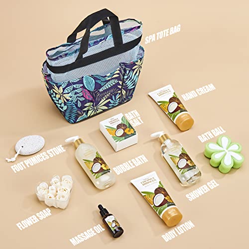 Bath and Body Set, Spa Gifts for Women, 10Pc Coconut Pamper gift Kit for Mum, Includes Bath Salt, Massage Oil, Bubble bath, Body Lotion, Tote Beach Bag, Valentines Eid Beauty Birthday Gift for her