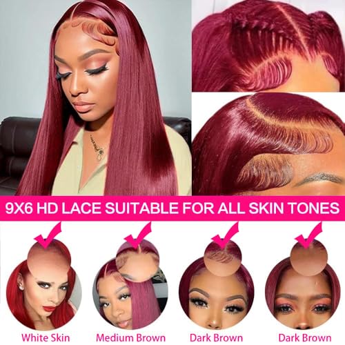 250% Density Flexi-Fit Invisi Drawstring Wig 9x6 Glueless Wigs Human Hair Pre Plucked Pre Cut Straight Hair Wigs 99j Burgundy Lace Front Wigs Human Hair for Women 28 Inch