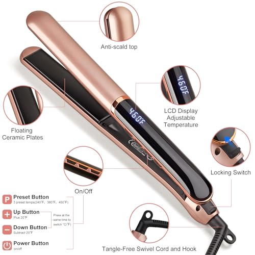 Flat Iron Hair Straightener with Floating Plates Get Shinier & Smoother Hair, 14 Adjustable Temp, Dual Voltage Digital Display 200¢µ-460¢µ
