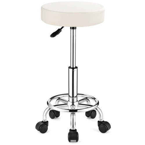 FNZIR Adjustable Stool with Wheels, Modern Round Rolling Stool for Spa Salon Massage Office, White PU Leather Seat, 250 lbs Capacity