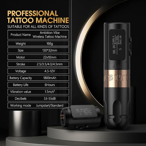 Ambition Vibe Wireless Tattoo Gun - Rotary Tattoo Machine Cartridge Battery Pen with Dual 1800mAh Power LED Digital Display Brushless Motor Tattoo Equipment for Tattoo Artists (4.5mm Stroke Gold)