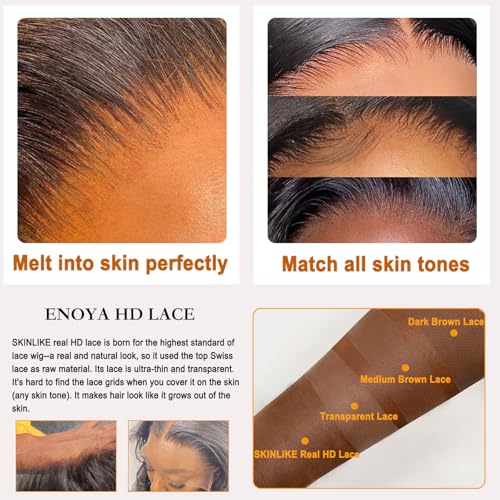 Enoya Glueless Wigs Human Hair Pre Plucked Frontal Lace Wig For Black Women£¬Hd Lace Front Wigs Human Hair 200 Density Natural Black With Baby Hair (13x4 HD Lace Frontal Wig, 10")