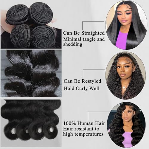 Body Wave Bundles Human Hair 16 18 20 22Inch 100% Human Hair Quick Weave Bundles for Women Natural Black