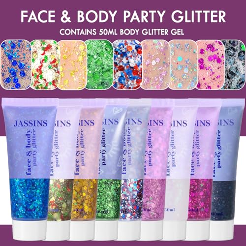 JASSINS 2PCS Body Glitter, 100ml St Patricks Day Face Glitter for Women Girls Kids, Glitter Gel Makeup Tween Gifts, Singer Concerts Festival Rave Accessories, Chunky Mermaid Sequins (Green & White)