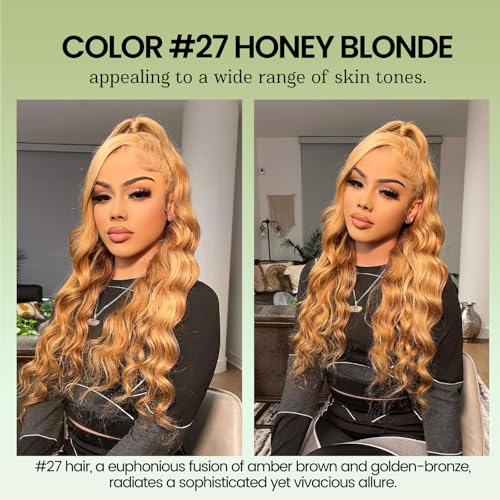 ALHER 12A Honey Blonde Body Wave Human Hair Bundles with Closure, Color #27 Sun-kissed Vibe Golden Blonde Body Wave HD Transparent 4x4 Closure with 3 Bundles Soft Thick Sew In Weave Wavy 14 16 18 +14