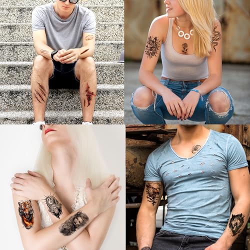 102 Sheets Halloween Tiny Temporary Tattoos Stickers, Fake Tattoos That Look Real And Last Long, Halloween Include Black Scary Wolf Lion Tiger Skeleton Skull Tattoos