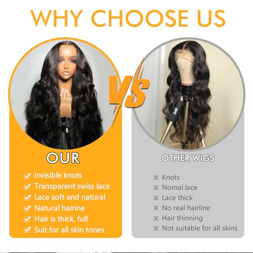 Body Wave Lace Front Wigs Human Hair 13x4 HD Transparent Lace Frontal Wigs Human Hair for Women Brazilian Virgin 180 Density Glueless Wigs Human Hair Pre Plucked with Baby Hair Natural Black 30 Inch