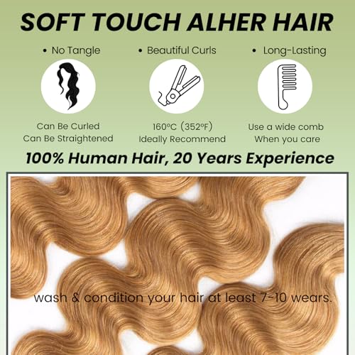 ALHER 12A Honey Blonde Body Wave Human Hair Bundles with Closure, Color #27 Sun-kissed Vibe Golden Blonde Body Wave HD Transparent 4x4 Closure with 3 Bundles Soft Thick Sew In Weave Wavy 14 16 18 +14