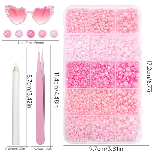 15000 Pcs Pink Flatback Pearls for Crafting, Assorted Size 3/4/6mm Half Pearls Bedazzling ABS Pearl Beads Gems for Nails Art DIY Crafts Face Makeup with Pickup Pencil Tweezer