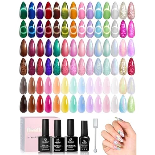 Beetles Winter Gel Polish Set Cat Eye Gel Nail Polish 48 Colors Red Green Brown Blue Nude Pink Jelly Glitter Shell Shread Salon DIY at Home UV LED Needed Gifts for Women Vivid Moments