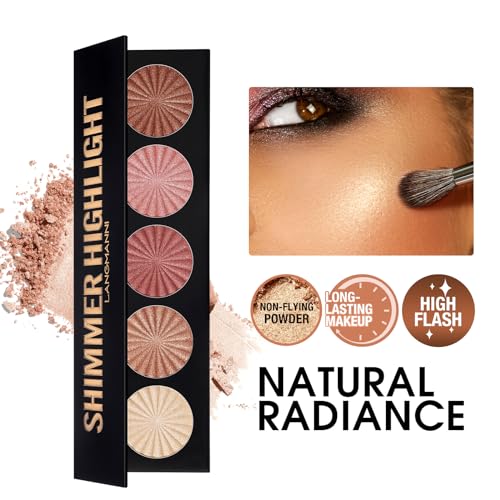 Highlighter Powder Palette, Makeup Palette Facial Bronzers Illuminator Palette Highlighter Baked Waterproof Long Lasting Brilliant Lighten Skin Color (5 Color, 1 Count (Pack of 1))