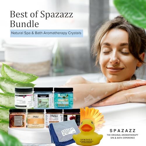 Spazazz Hot Tub Aromatherapy Gift Bundle- Seven- 4 Oz Spazazz Hot Tub Aromatherapy Bath Salt Crystals Sampler Jars Plus Hot/Cold Towel and Rubber Duck - Seven Distinct Scents of Bath and Spa Salts