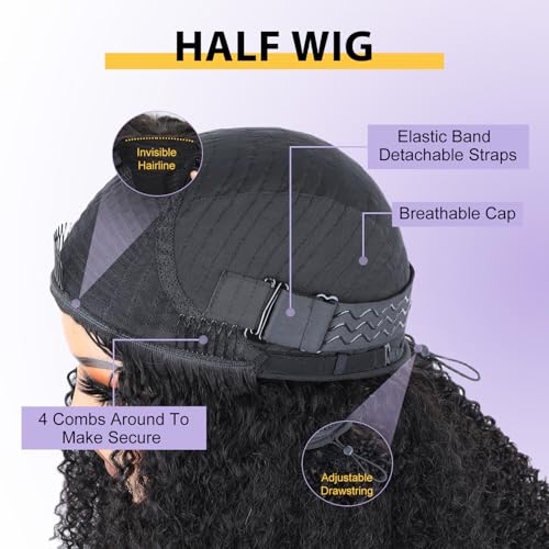 V SHOW Afro Curly 3 In 1 Half Wig Human Hair Elastic Drawstring Wear Go Glueless Kinky Curly Human Hair Half Wigs Friendly To Beginners 180% Density Natural Hairline Flip Over Wig 16Inch