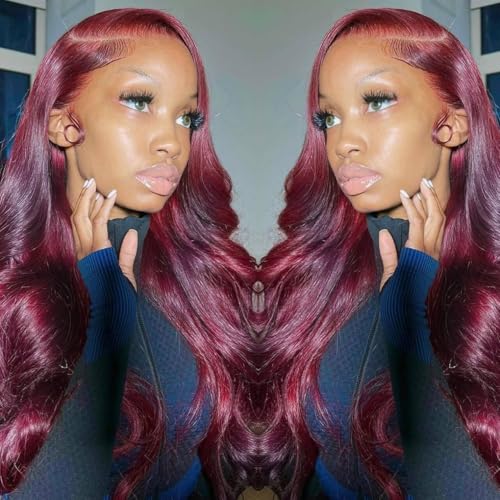 99j Burgundy Lace Front Wigs Human Hair Pre Plucked 13x6 Lace Frontal Human Hair Wigs for Black Women Body Wave Glueless Human Hair Wig 180% Density Pre Plucked Bleached Knots with Baby Hair £¨28 Inch£©