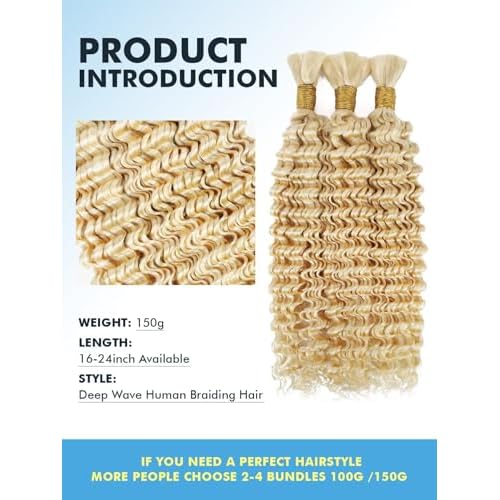 Human Braiding Hair for Boho Braids 150g 24 Inch 613 Blonde Brown Curly Boho Hair for Braiding Knotless 12A Deep Wave Bulk Bohemian 3 Bundles/Pack Color 613