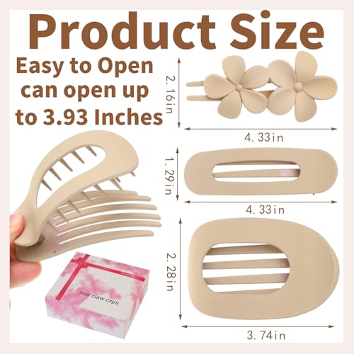 12 Pcs Flat Hair Clips for Women, 3 Styles Matte Flower Hair Clips and Flat Clips, Big and Small Neutral Colors Non-slip Flat Claw Clips Thin Thick Curly Straight Hair Accessories