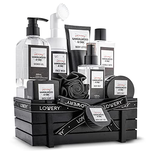 Birthday Gifts Spa Kit for Men - Sandalwood and Oak Scented Bath Gift Set and Shower Gift Basket With Face Wash & Brush, Shower Gel, Bubble Bath, Body Lotion, Body Mist, Handmade Soap, Salts & Puff
