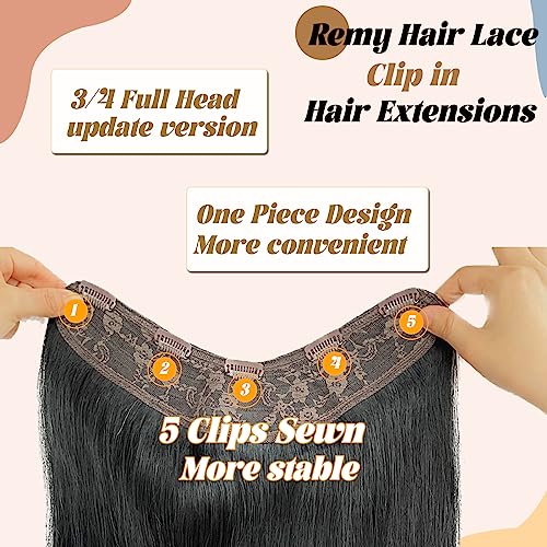 Clip in Hair Extensions Real Human Hair,Jet Black One-piece Hairpieces with 5 Clips Double Weft Black Clip in Extensions 3/4 Full Head for Thin Hair Straight Clip in 16" 80g