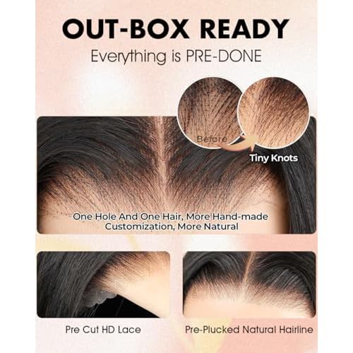BGM GIRL 9x6 M Cap Glueless Kinky Straight Wig Human Hair Pre Bleached Knots Pre Cut HD Lace 180% Density Natural Black Wear Go Wig for Women Pre Plucked Invisible Lace 18 Inch