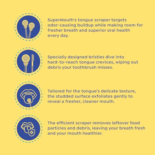 SuperMouth¢ç Single Scoop Tongue Scraper for Toddlers & Kids Ages 2-5 ? Dual-Sided Brush & Scraper Removes Odor-Causing Buildup, Fights Bad Breath, Gentle Easy-Grip Design, 3 Scents, Early Oral Care
