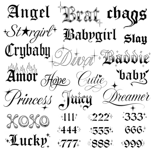 Sassy Script Temporary Tattoos | Y2K Gothic Words and Angel Numbers | Realistic Waterproof Fake Tats | Angel, Brat, Princess, Babygirl, Diva