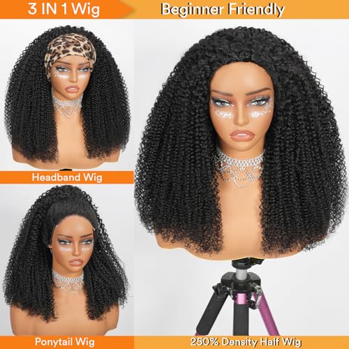 Kinky Curly Half Wig Human Hair 250% Density 16 Inch Burmese Kinkycurly Wig Human Hair,3 In 1 Seamless Flip Over Drawstring Ponytail Headband Wig Human Hair Glueless Wear and Go