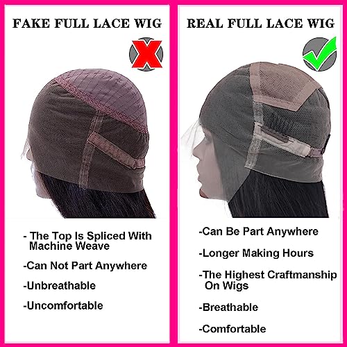 Straight Full Lace Wigs Human Hair 100% Hand-tied Full Scalp Lace Wigs for Black Women 180% Density(16inch, Natural Black)