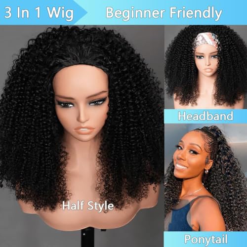 Curly Half Wig,200 Density Kinky Curly Half Wig Human Hair 3 In 1 Seamless Flip Over Glueless Wigs Human Hair with Drawstring Beginner Friendly Curly Wig Headband Wig for Women Daily Wear 20 Inch