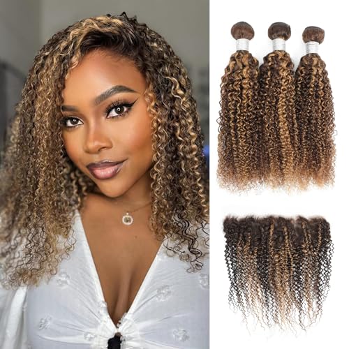 Honey Blonde Highlight Tight Kinky Curly 3 Bundles with 13x4 hd Frontal Closure Human Hair, 12A Virgin 13x4 Ear to Ear Frontal with 3 Curly Bundles Thick Tracks P4/27 Ombre Brown 12 14 16+ 12