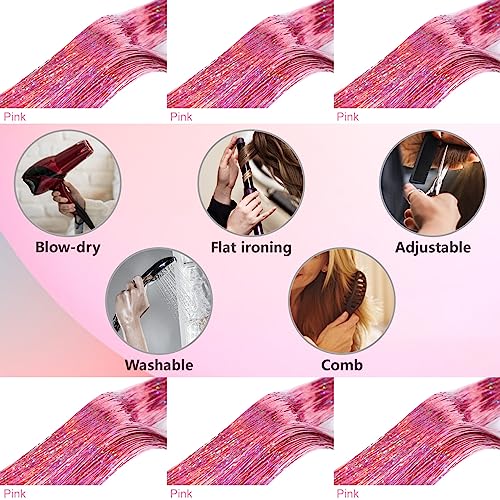 Pink Fairy Hair Tinsel Kit 48 Inches 1200 Strands with Tools and Instruction Easy to Install Glitter Tinsel Hair Extensions for Women and Girls£¬Shinny Sparkling Braiding Hair Accessories for Halloween Cosplay Party