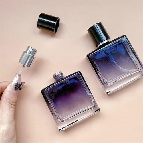 JJKMALL 50ml Gradient Blue Glass Perfume Atomizer - Portable Fine Mist Spray Bottle for Travel, Refillable Perfume Dispenser (1.7 oz) 1pc Funnel Filler +1PC 3ml dropper +1pc gift bag