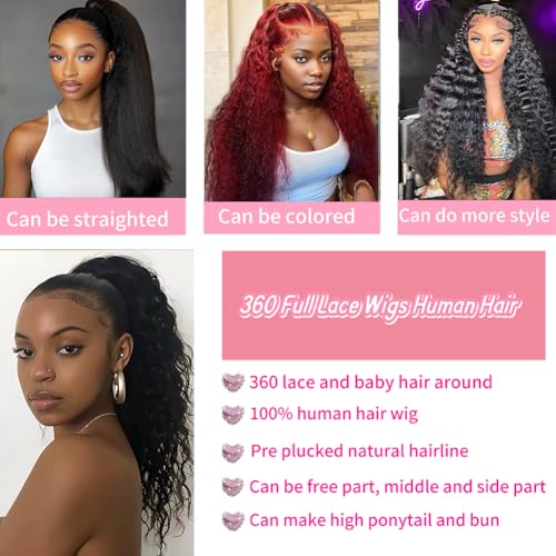 360 Full Lace Human Hair Wig with Drawstring Deep Wave 360 Lace Front Wigs Human Hair Hidden Strap Frontal Wigs for Women 200% Density Natural Black 20 Inch