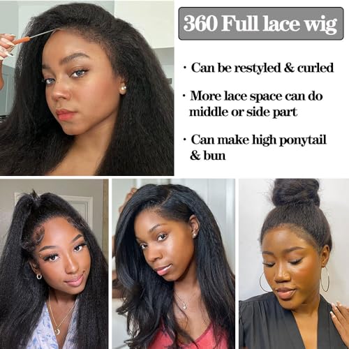 360 Lace Front Wigs Human Hair Pre Plucked Bleached Knots 180% Density Kinky Straight Human Hair Wig with 4C Curly Edges Hairline 360 HD Full Lace Frontal Wig Human Hair (20inches)
