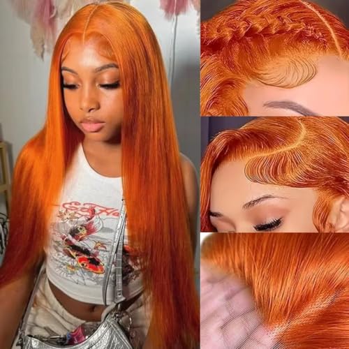 32 Inch Ginger Orange Wig Human Hair 13X6 Lace Front Wigs Human Hair 200% Density 350 Colored Straight HD Transparent Lace Frontal Wigs Brazilian Virgin Wigs for Women Pre Plucked