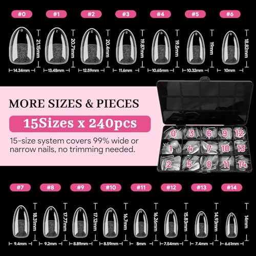 Short Almond Pre-Building Nail Tips, 15 Sizes 240 PCS Pre-shaped Apex Clear Soft Press On Fake Nail Half Matte Gel Nail Extensions Strong Thick Acrylic Tip for DIY Beginners & Salon Manicure
