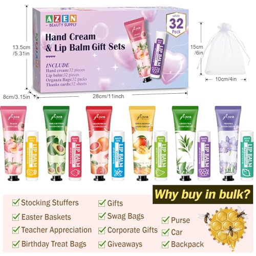 AZEN 32 Sets Bulk Gifts, Hand Cream and Lip Balm Bulk Set with Organza Bag Thank You Card, Baby Shower Wedding Gifts for Guests, Bridal Wedding Favors for Guests,Thank You Gifts for Women