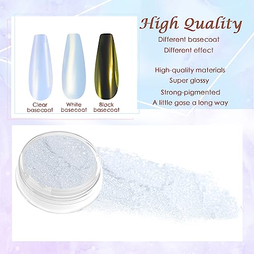 Laza White Chrome Nail Powder Glazed Donut Nails Metallic Effect Pigment Shimmer Pearlescent Mica Powder Iridescent Aurora Nail Glitter Fairy Dust Gel Nail Art Supplies Nail Techs ? Pearl Chrome