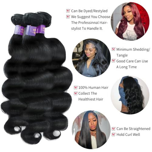 Body Wave Bundles Human Hair 28 30 32 Inch 12A Grade 100% Unprocessed Brazilian Virgin 3 Bundles Human Hair Natural Black