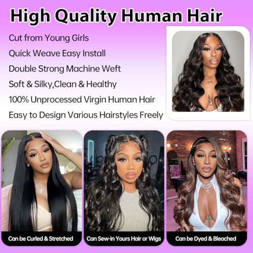 12A Body Wave Bundles Human Hair 28 30 32 Inch Human Hair Bundles 100% Unprocessed Brazilian Virgin Weave 3 Bundles Real Human Hair Double Weft Quick Weave Hair Extensions for Women Natural Black