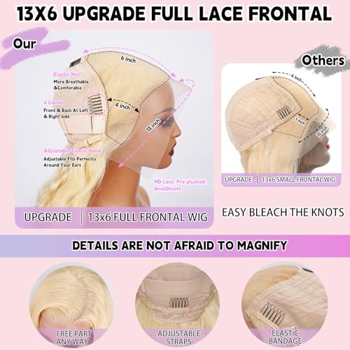 613 13x6 Lace Front Wig Human Hair 32 Inch Body Wave Blonde Wig Human Hair 13x6 200 Density HD Lace Front Wigs Real Human Hair Pre Plucked with Melted Hairline Tiny Knots Tangle Free Shedding Free