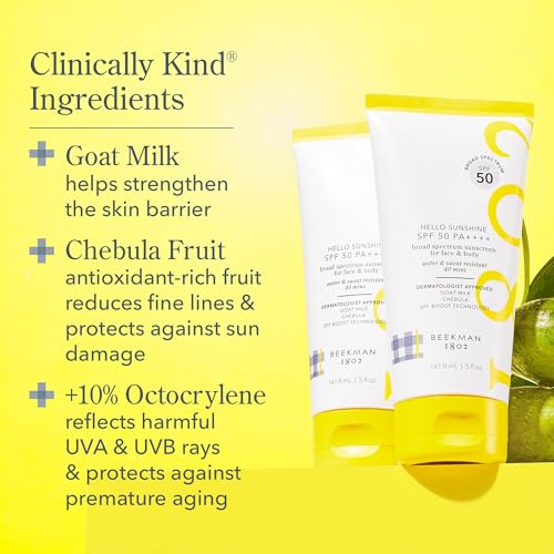 Beekman 1802 Hello Sunshine SPF 50 PA ++++ - Sunscreen for Face & Body - 5.0 fl. oz - Reduces Fine Lines & Protects Against Sun Damage - Good for Sensitive Skin - Cruelty Free - Reef Safe