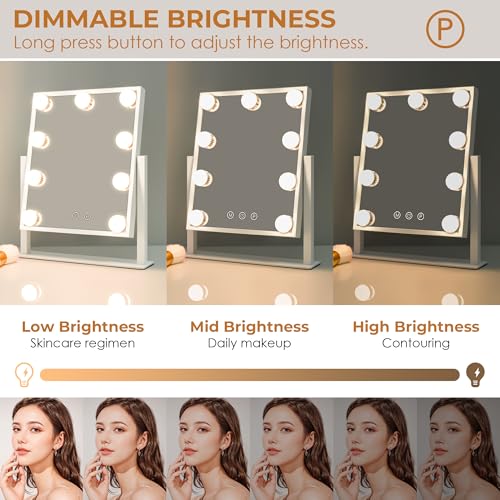 Vanity Mirror with Lights, Makeup Mirror with 3 Lighting Modes, Light Up Mirror with Touch Sensor, AC-Powered, 360 Rotatable, Metal Frame, with Detachable 10X Magnifying Spot Mirro, 14.1"