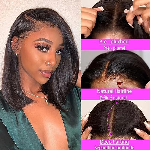14 Inch Bob Wig Human Hair 13x4 HD Transparent Lace Front Wigs Human Hair Pre Plucked with Baby Hair Glueless Wigs Human Hair 180% Density Straight Frontal Lace Wigs for Women Natural Color