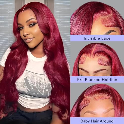 30 Inch 99j Burgundy Lace Front Wigs Human Hair 13x4 HD Red Burgundy Body Wave Wig Human Hair 200 Density Body Wave Lace Front Wigs Human hair Pre Plucked Glueless Frontal Wigs Human Hair for Women