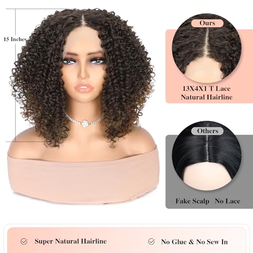 WIGER Short Bob Lace Front Wigs Middle Part Wigs Pre Plucked Curly 13x4x1 T Lace Part Wigs Ombre Brown Afro Kinky Curly Wigs Synthetic Curly Wig for African American women